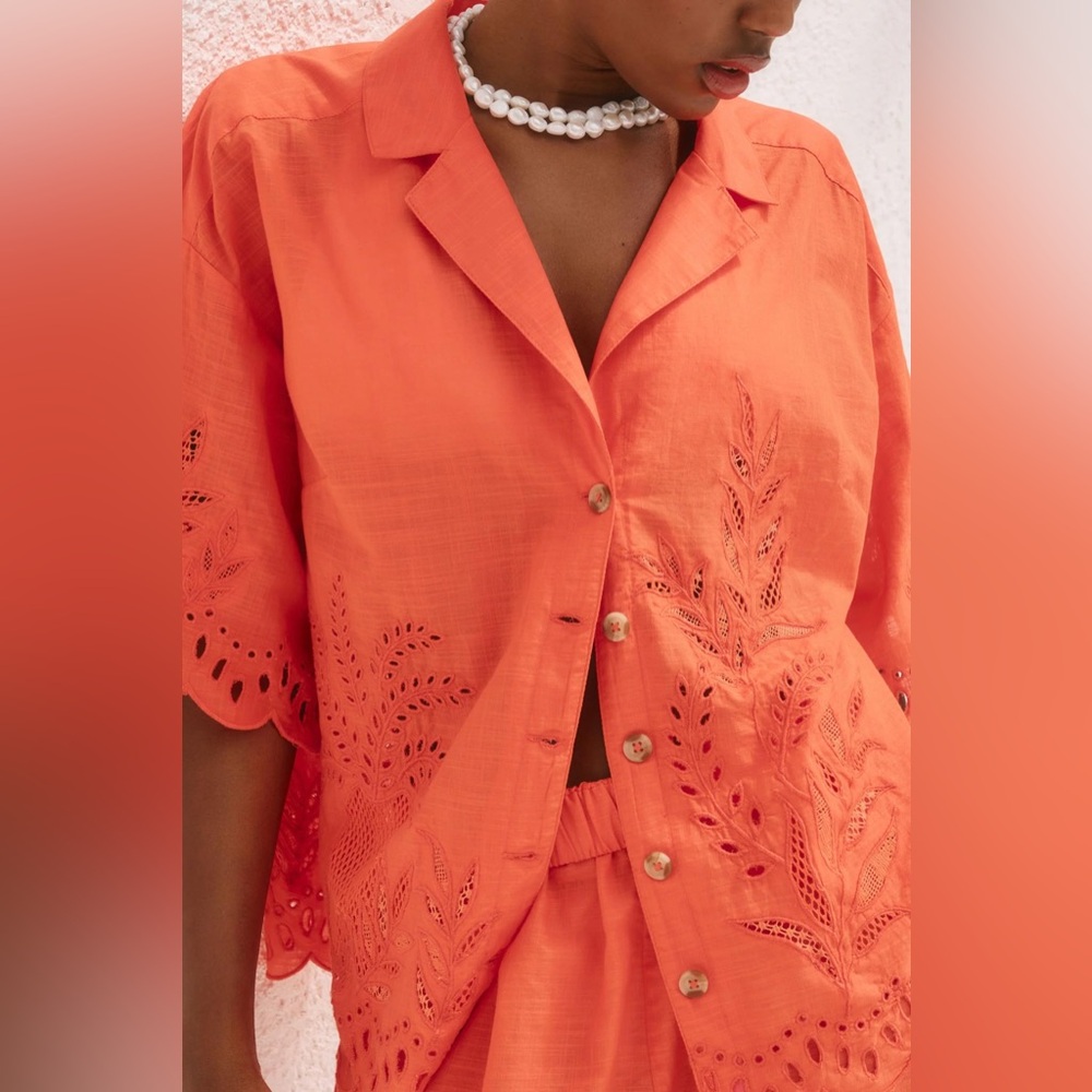 Anthropologie Eyelet Button Down Pineapple Shirt Orange